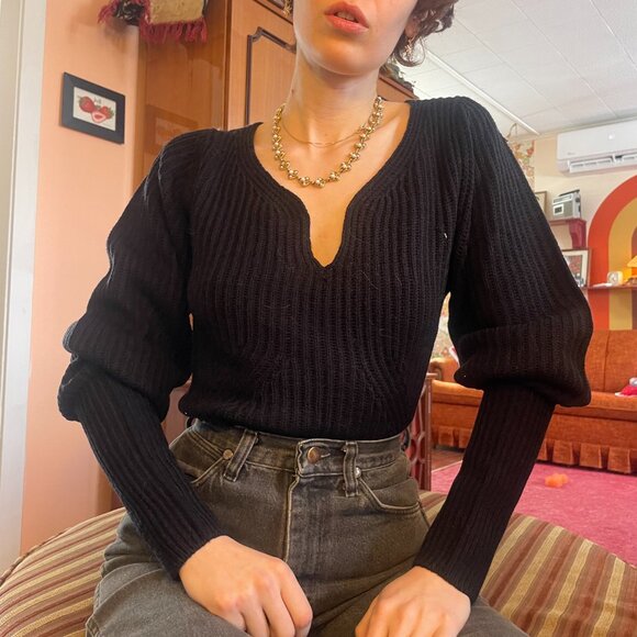 Tags Attached black knitted puffy sleeves drop sleeve plunge knitted sweater! - Picture 7 of 15